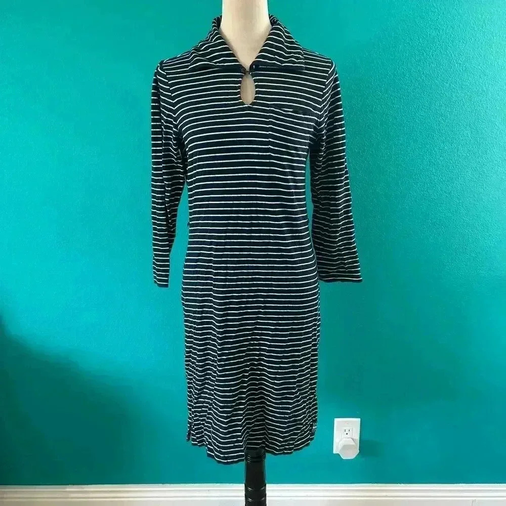 LRL Lauren Ralph Lauren Navy Stripe Cotton Collared Long Sleeve Midi Dress S